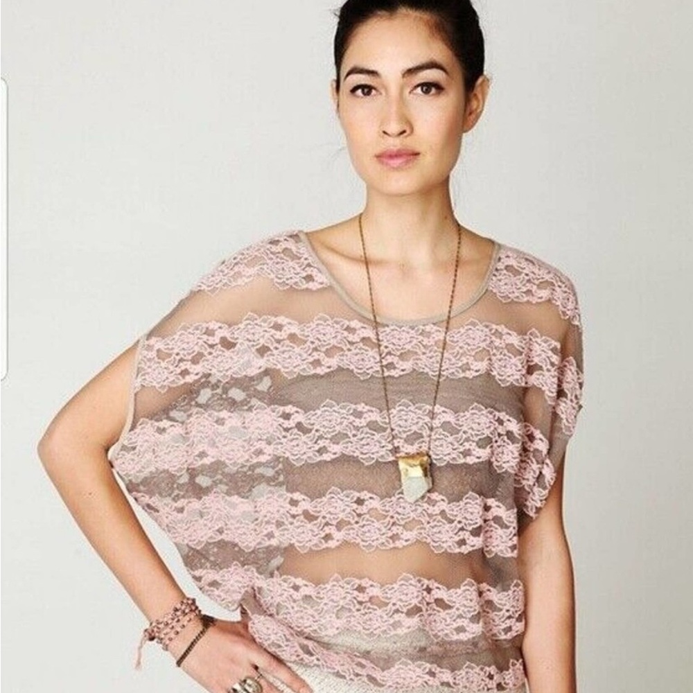 Free People Sheer Lace Blouse in Pink and Gray